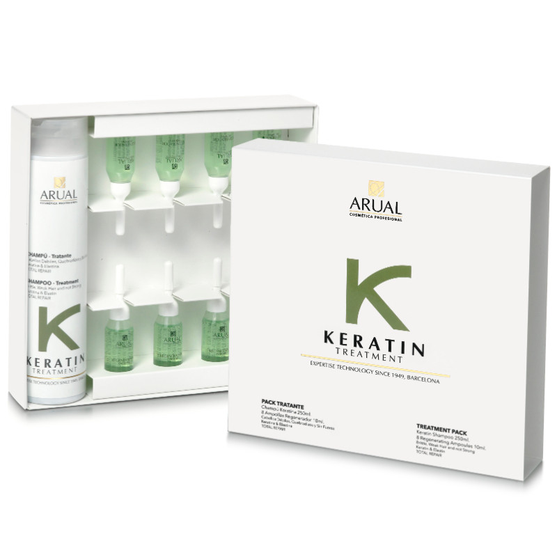ARUAL PACK KERATIN TREATMENT Regenerador 8 ampollas y Champú, Tratamiento Débiles, Quebradizos y Sin Fuerza