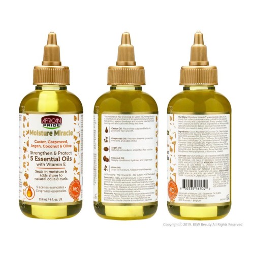 African Pride Moisture Miracle 5 Essentials Oil 118ml. 4oz. Castor,Grapeseed,Argan,Coconut Olive